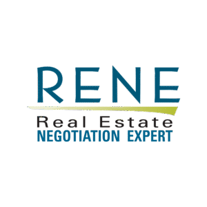 Logo for RENE (Real Estate Negotiation Expert), featuring the acronym “RENE” in large blue-green letters above a green swoosh, with the words “Real Estate Negotiation Expert” written below in black and blue capital letters.